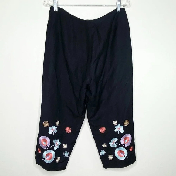 Larry Levine Petite 10P Black Embroidered Linen Blend Cropped Pants Floral Boho - Picture 2 of 12